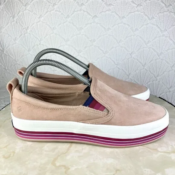 Sperry Shoes Womens 7 Pink Stripes Suede Crest Twin Gore Boat Platform Loafers - Picture 1 of 12